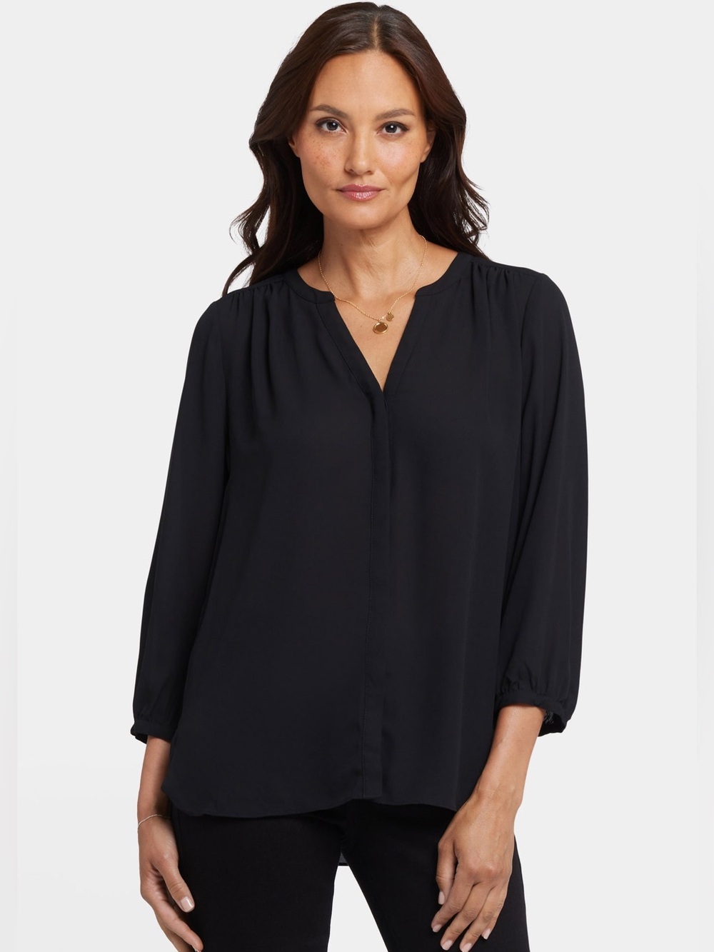 NYDJ Women's Black Pintuck Blouse
V-Neck Long Sleeve SZ XS